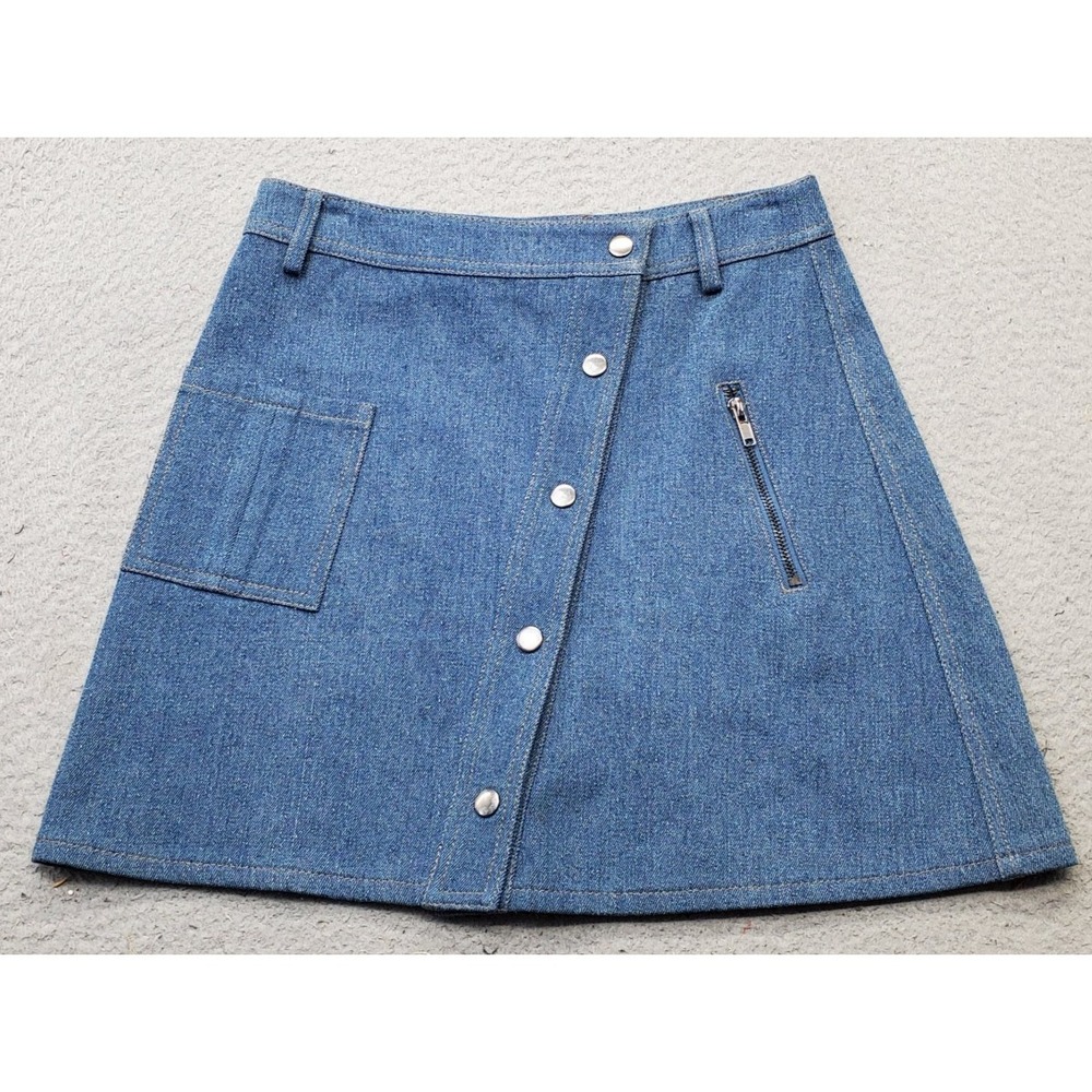 J.O.A. Los Angeles A-Line Skirt Womens Small Blue Denim Zip Pocket Snap Front